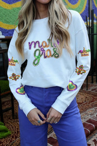 Women's Mardi Gras Sequin Patch White Long Sleeve Top