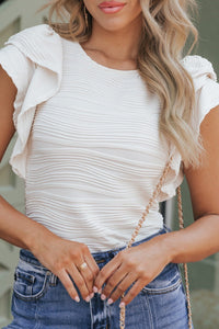 Women's Stylish Women's White Ruffle Sleeve Blouse with Wavy Texture - Perfect for Casual and Dressy Occasions, Comfortable Fit
