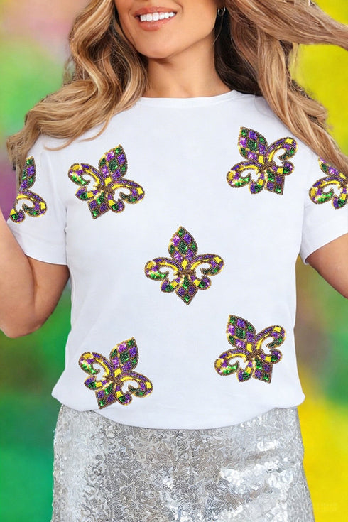 Women's Sequin Fleur de Lis Mardi Gras Graphic Tee in White