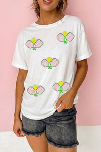 White Sequin Pickleball Graphic Summer Athleisure Tee