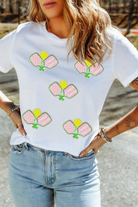 White Sequin Pickleball Graphic Summer Athleisure Tee