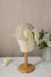White Ribbon Bow Detail Textured Baseball Cap