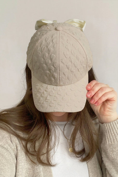 Women's Champagne White Textured Baseball Cap with Oversized Bow
