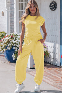 Stylish Women's Yellow Cream Cropped Tank Top & Jogger Pants Set - Trendy Casual Outfit for Everyday Comfort