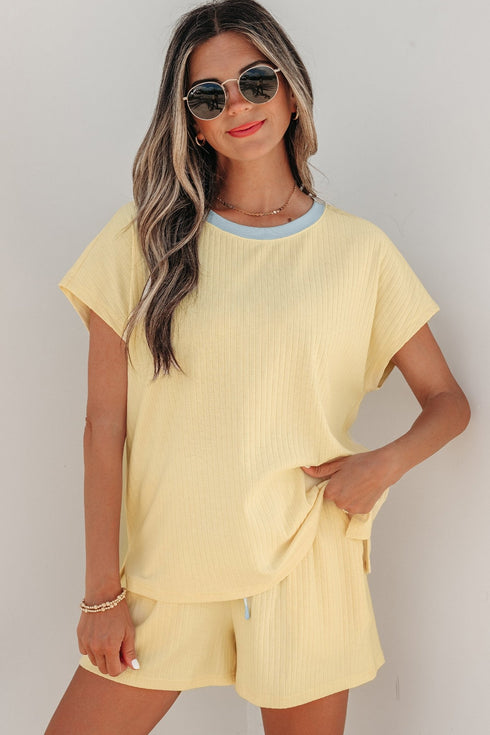 Stylish Women's Yellow Cream Ribbed Casual Short Set with Color Block Trim - Perfect for Summer Comfort and Chic Look