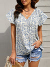 Print V-Neck Double Layer Ruffle Sleeve Loose T-Shirt
