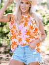Orange Floral Notched V Neck Ruffled Sleeve Blouse - Women's Flowy Summer Top