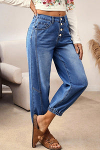 Blue 4 Buttons Front Tapered Casual Loose Fit Jeans