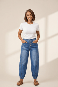 Women's Tapered High-Waist Denim Joggers with 4-Button Fly