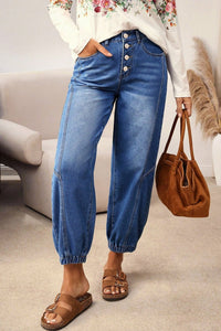 Blue 4 Buttons Front Tapered Casual Loose Fit Jeans
