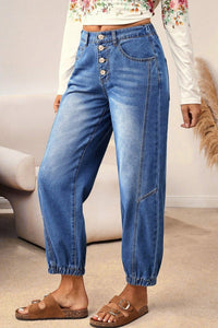 Blue 4 Buttons Front Tapered Casual Loose Fit Jeans