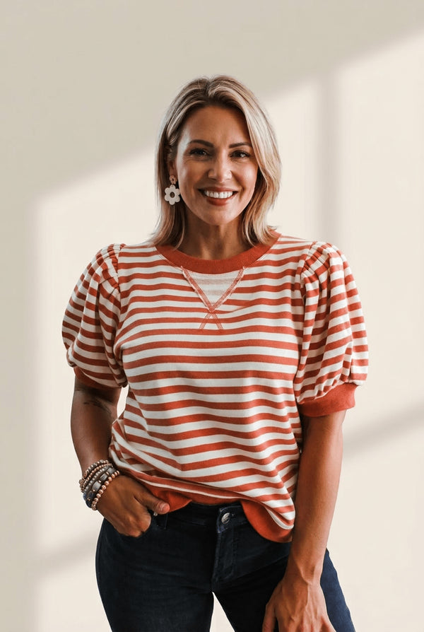 Women's Terracotta Striped Bubble Sleeve Knit Tee