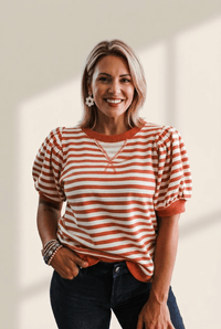 Women's Terracotta Striped Bubble Sleeve Knit Tee