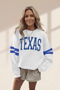 Women's Texas Varsity Stripe Sweatshirt in White and Royal Blue with practical styling and dependable silhouette control.