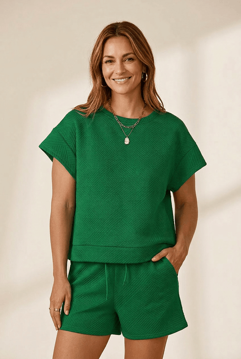 Women's Textured Forest Green Knit Lounge Set: Top and Drawstring Shorts with practical styling and dependable silhouette control.