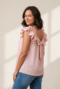 Women's Textured Gossamer Pink Blouse with Back Bow Detail