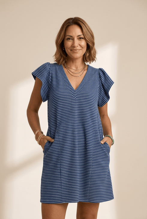 Women's Textured Navy Stripe V-Neck Mini Dress with Flutter Sleeves