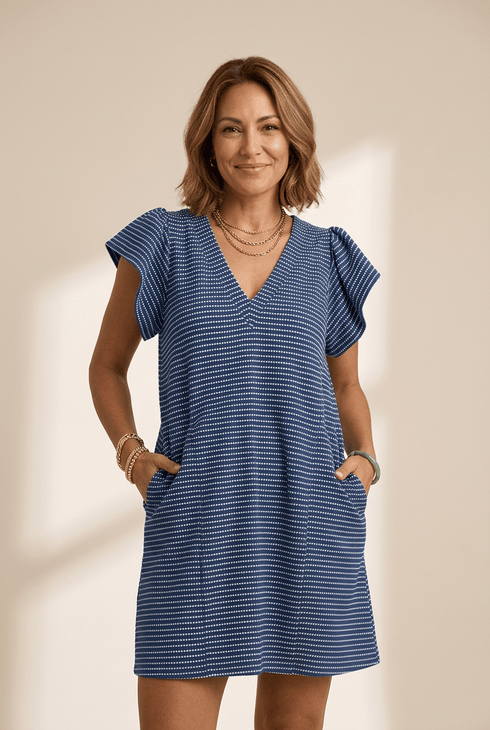 Women's Textured Navy Stripe V-Neck Mini Dress with Flutter Sleeves