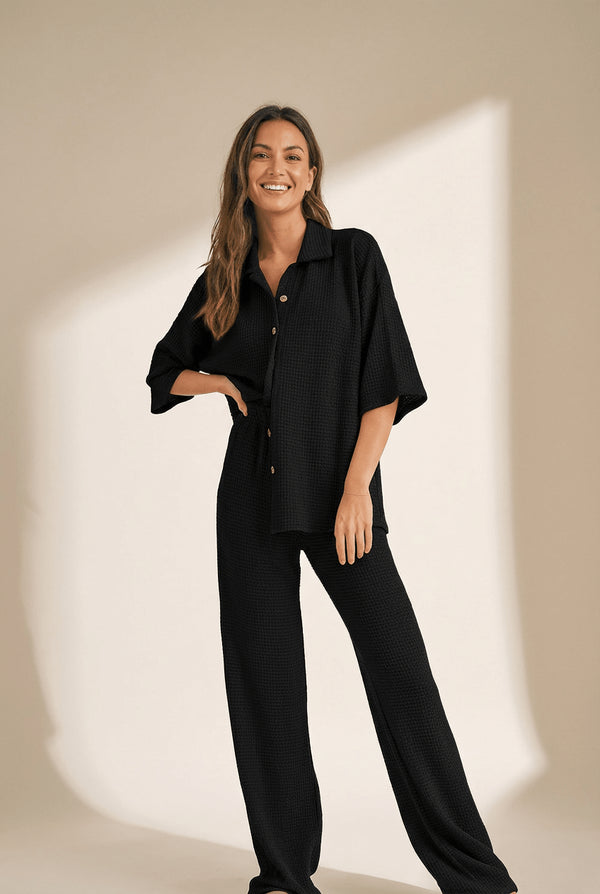 Women's Textured Waffle Knit Two-Piece Pant Set with Wide-Leg