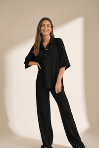 Women's Textured Waffle Knit Two-Piece Pant Set with Wide-Leg