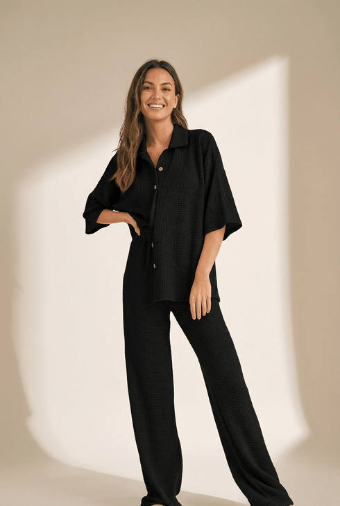 Women's Textured Waffle Knit Two-Piece Pant Set with Wide-Leg