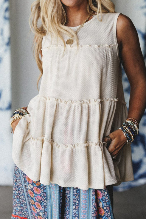 Women's Textured White Tiered A-Line Tank Top with Frill Trim
