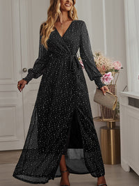 Tie Waist Slit V Neck Long Sleeved Maxi Dress