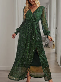 Tie Waist Slit V Neck Long Sleeved Maxi Dress