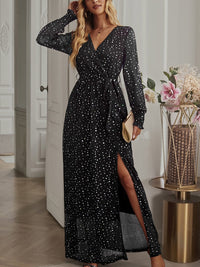 Tie Waist Slit V Neck Long Sleeved Maxi Dress