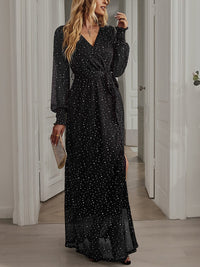 Tie Waist Slit V Neck Long Sleeved Maxi Dress