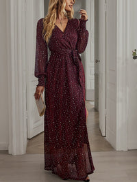 Tie Waist Slit V Neck Long Sleeved Maxi Dress