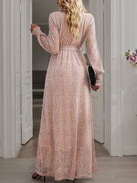 Tie Waist Slit V Neck Long Sleeved Maxi Dress