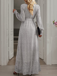 Tie Waist Slit V Neck Long Sleeved Maxi Dress