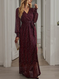 Tie Waist Slit V Neck Long Sleeved Maxi Dress