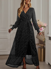 Tie Waist Slit V Neck Long Sleeved Maxi Dress