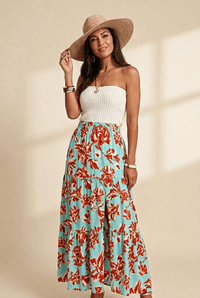 Women's Tiered Bohemian Floral Maxi Skirt in Turquoise and Rust