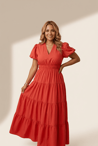 women's tiered coral maxi dress with puff sleeves and v-neck made for easy styling and wardrobe coordination, with premium-like structure and finish.