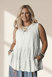 Women's Tiered White Sleeveless Blouse with Lettuce Edge