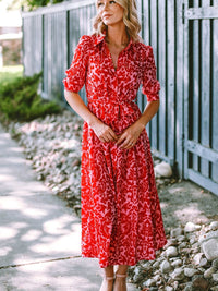Tomato Red Floral Print Maxi Dress with V Neck and Belt