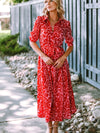 Tomato Red Floral Print Maxi Dress with V Neck and Belt