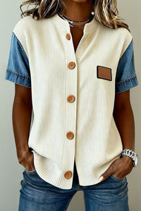 Women's Trendy Beige Ribbed Short Sleeve Patchwork Shirt for Women - Stylish Casual Top with Unique Design and Comfortable Fit