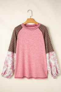 Fushia Mixed Print Raglan Sleeve Ribbed Knit Patchwork Blouse