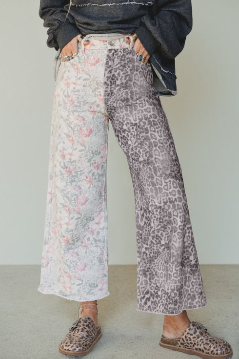 Trendy High-Waisted Women's Multicolor Floral & Leopard Patchwork Jeans with Raw Hem for a Chic Retro Look