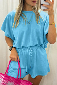Women's Trendy Light Blue Puffy Loose Top with Drawstring Shorts Set for Women - Stylish 2-Piece Summer Outfit