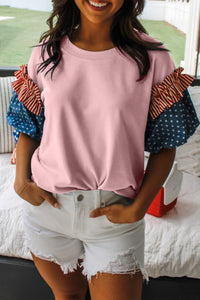 Women's Light Pink Americana Puff Sleeve Top with Stars and Stripes