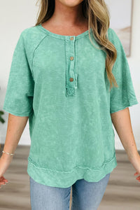 Women's Mint Mineral Wash Cotton Henley Tee with Raglan Sleeves