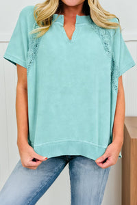 Women's Trendy Mint Green Women's Mineral Wash Tee with Raw Cut Notched Neck and Lace Patchwork for Effortless Style