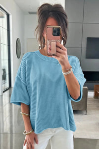 Mist Blue Exposed Seam Detail Half Sleeve Loose Sweater