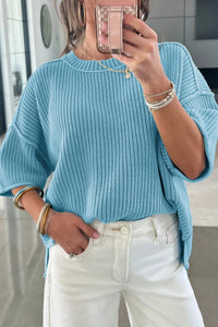 Women's Trendy Mist Blue Women's Loose Half Sleeve Sweater with Exposed Seams for a Stylish Casual Outfit