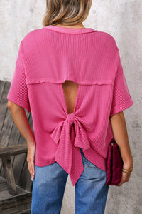 Women's Rose Red Ribbed Oversized Tee with Cutout Bow Back